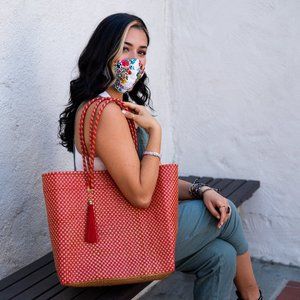 Oaxacan tote (red), embroidered mask, tassel